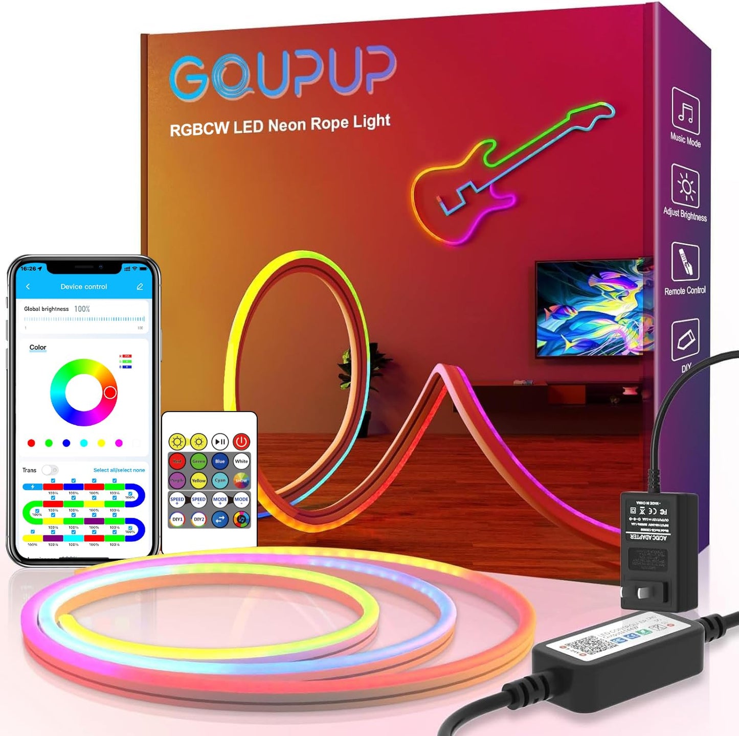 GUPUP Neon Rope Lights, Bluetooth LED Strip, 9.8FT, IP65 Waterproof, Multicolor RGBCW, Music Sync, Remote Control