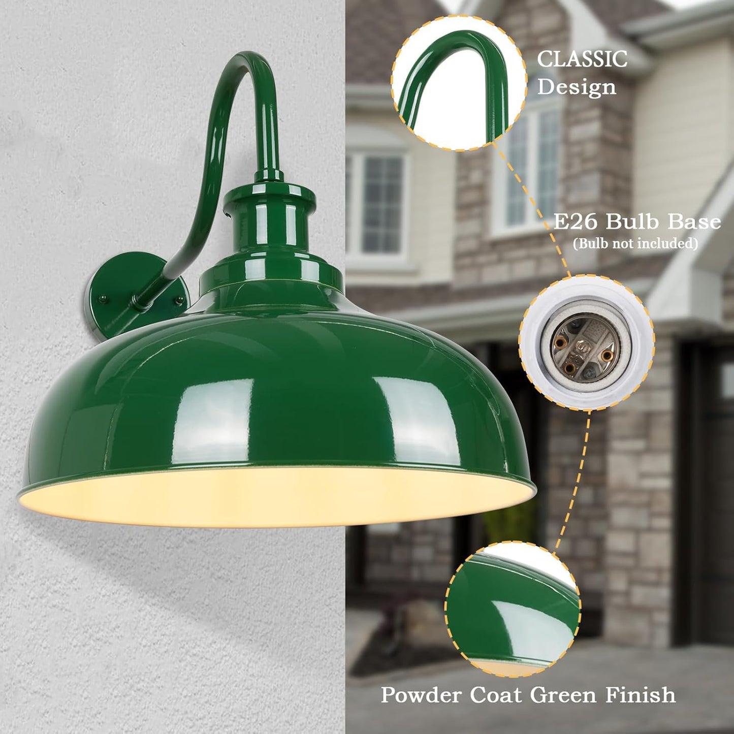 Diyel Outdoor Barn Lights  16 Inch Dome Rustic Outdoor Wall Sconces  Farmhouse Exterior Wall Mount Lighting Fixture  Industrial Green Wall Lantern For Porch  Entryway  Garage  Rz007L-2 Gr+Wh