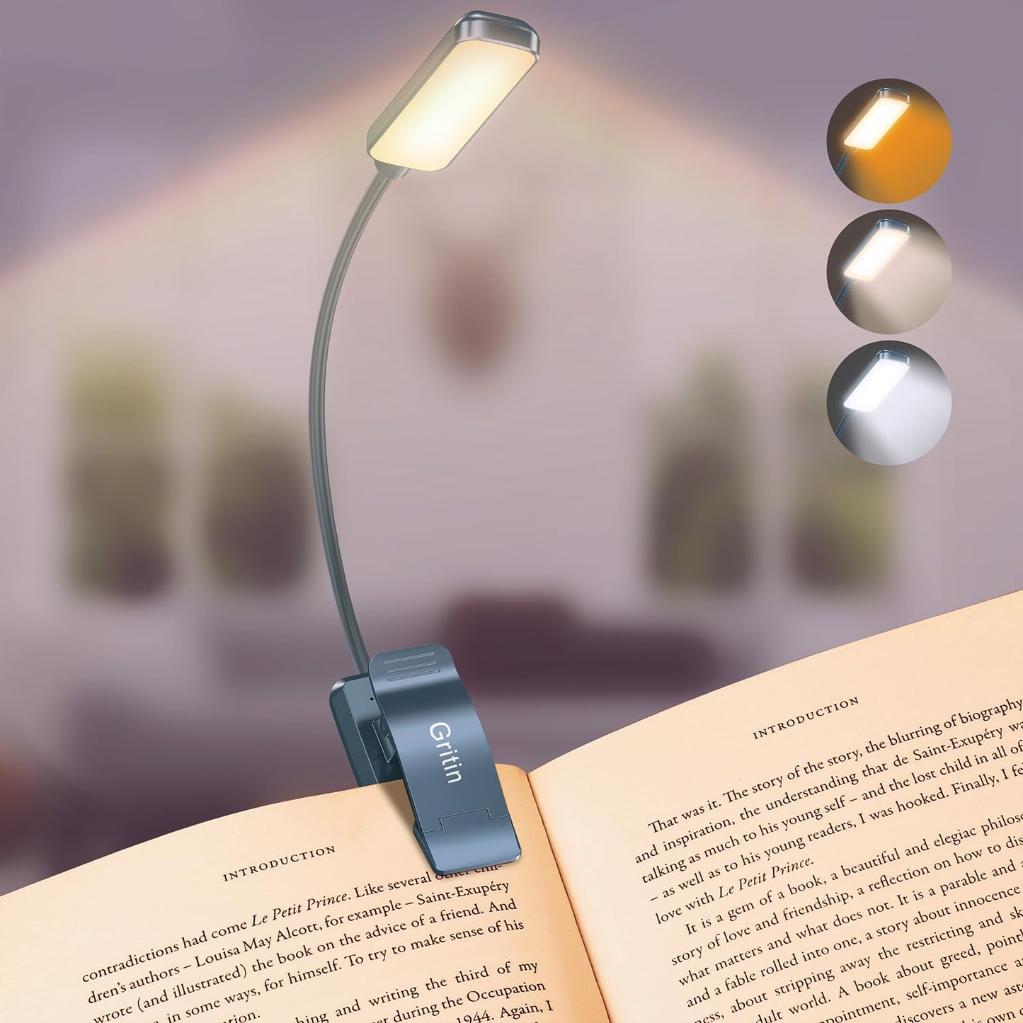 Gritin Rechargeable Book Light - 9 LED, Eye-Caring, 3 Color Temperatures, Stepless Dimming, Pacific Blue, Model G1330