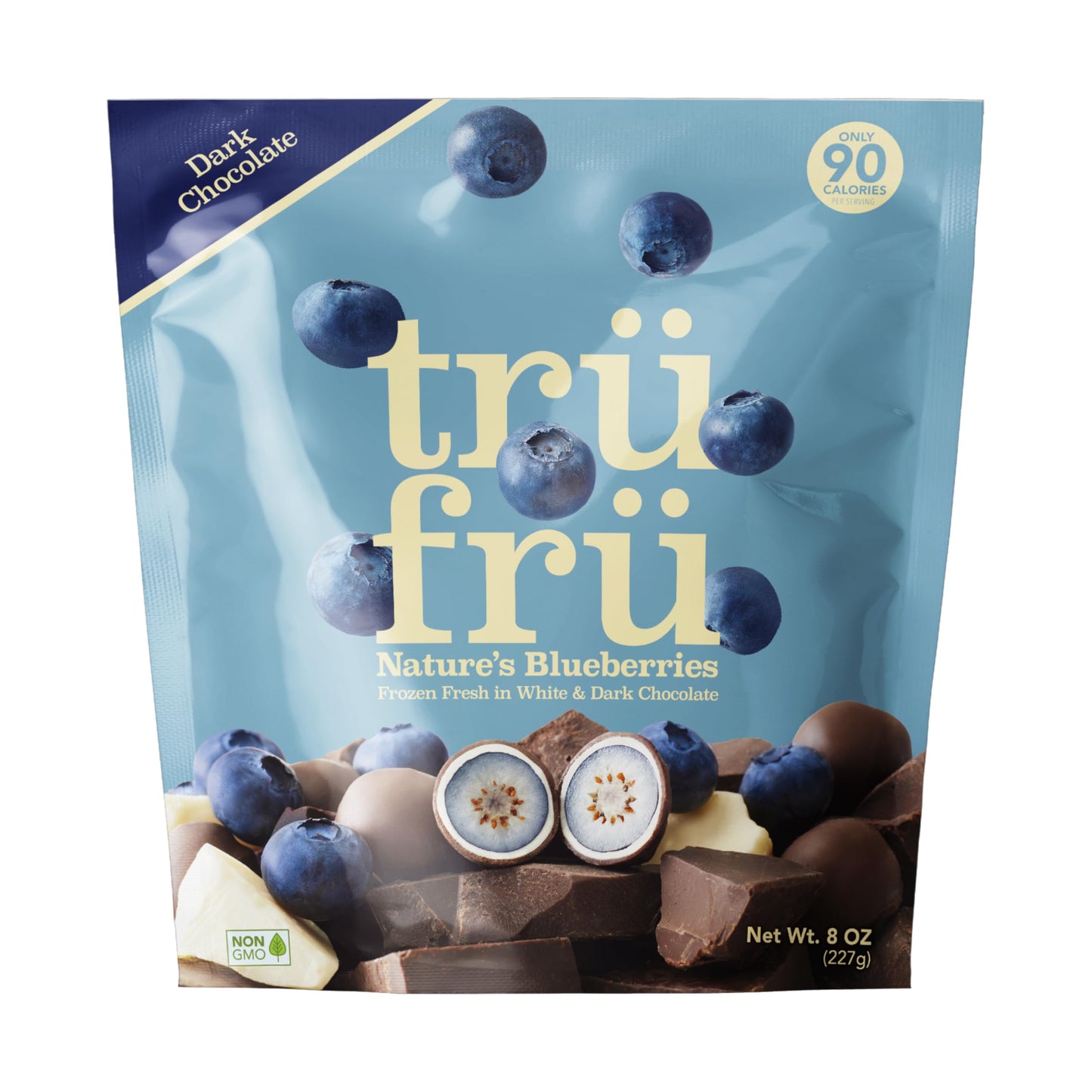 Tru Fru Natures Blueberries Hyper-Chilled in White & Dark Chocolate  8 Ounce Bag