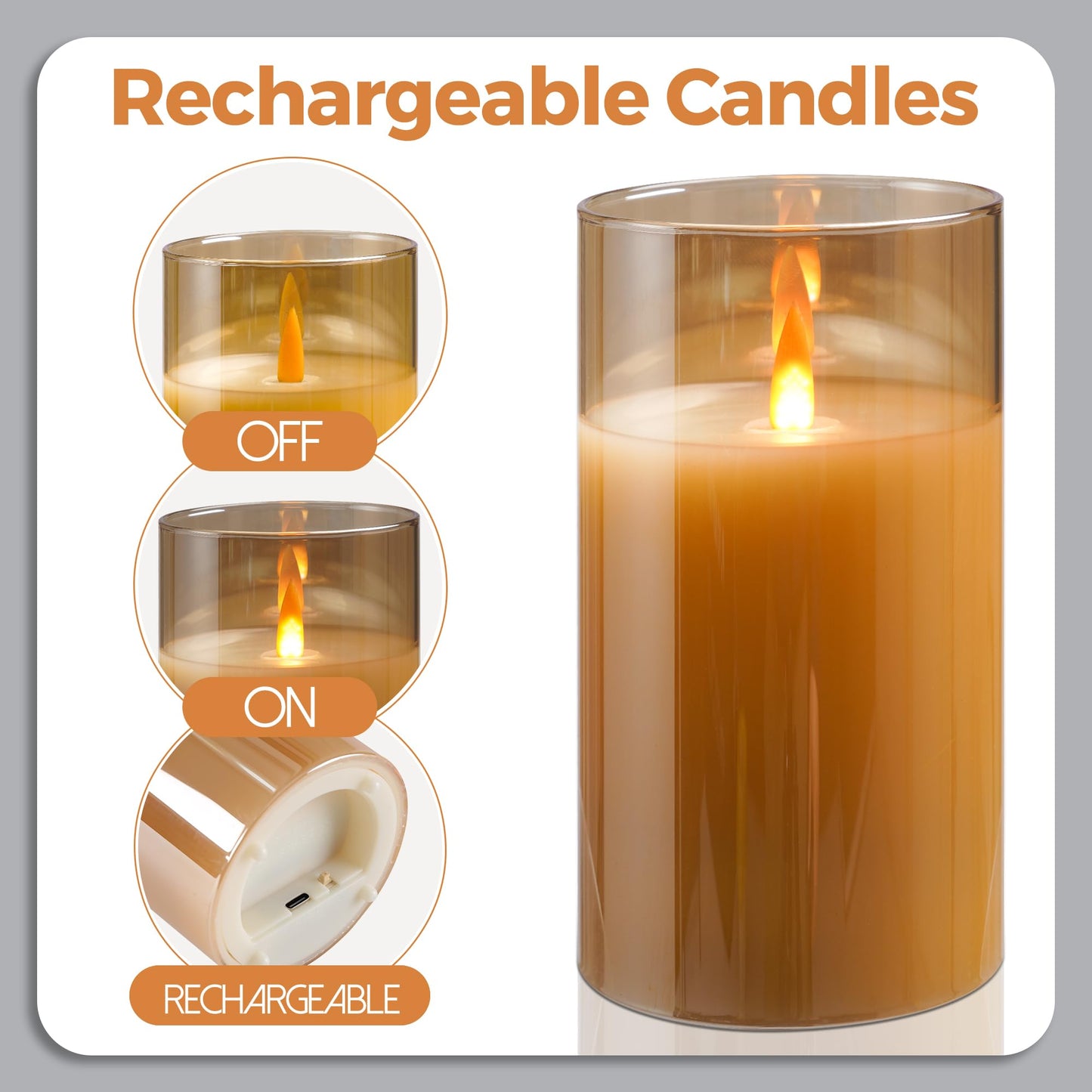 haitanghua 2 - Pack 6" Golden Rechargeable Flameless Pillar Candles with Remote & Timers，USB-Rechargeable Realistic Flickering Candles Real Wax - Ideal for Wedding & Festival Home Decoration