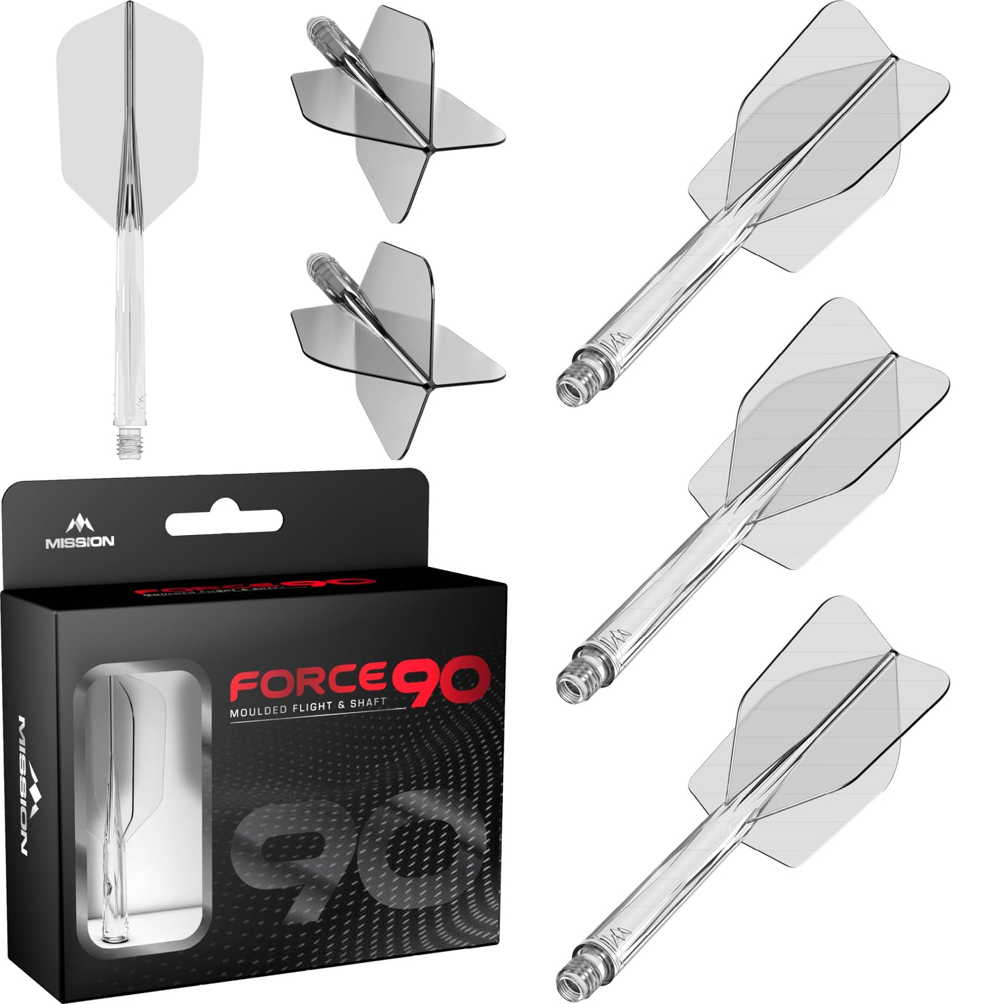 Mission Darts Force 90 | Integrated Precision Moulded Dart Flight And Shaft System  Pack Of 3 Professional Highly Durable 2-In-1 Combined Dart Flights And Stems | Slim (Clear  Medium)  Transparent