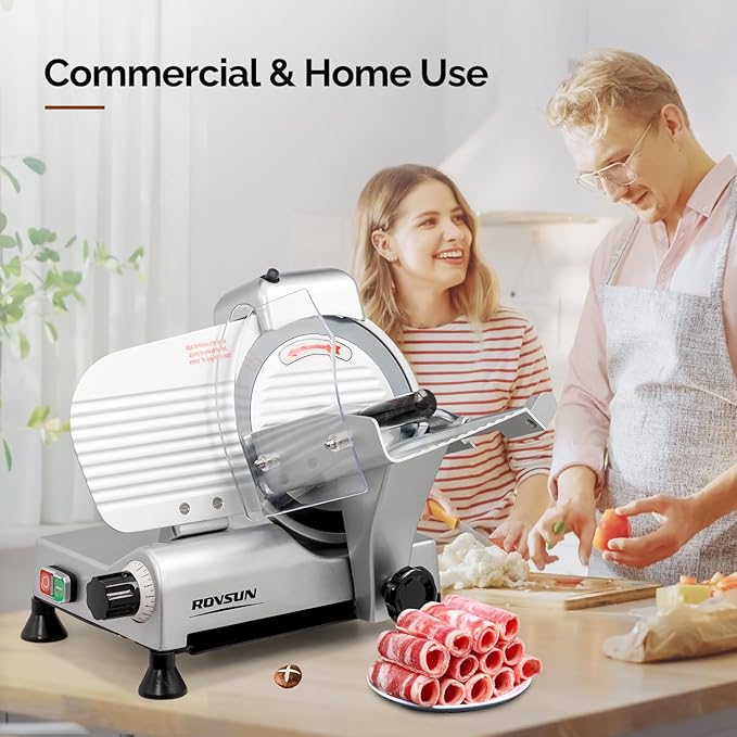 ROVUN Commercial Meat Slicer, 8 inch Electric Food Slicer, 210W Frozen Meat Deli Cheese Food Slicer with Upgraded Carbon Steel Blade, Adjustable Thickness(0-13mm), Low Noise for Home and Commercial