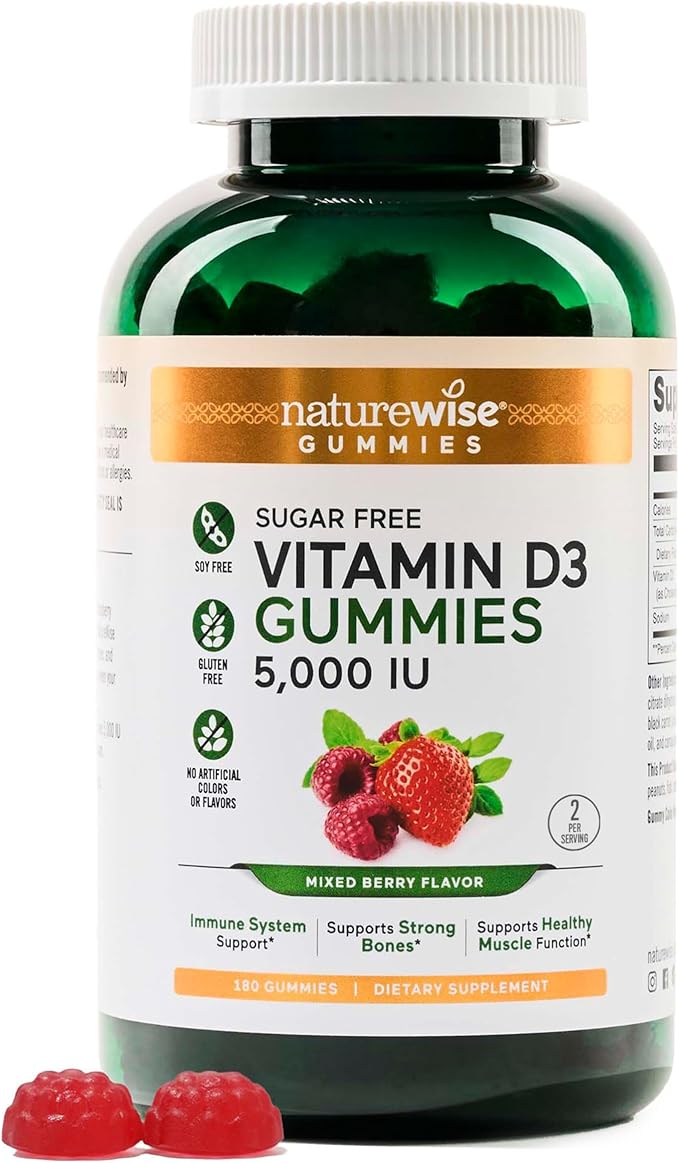NatureWise Vitamin D3 5000 IU Gummies - Sugar-Free Mixed Berry Flavor - Vitamin D Gummies for Adults, Supports Immunity, Muscle & Bone Strength - Gelatin-Free, Non-GMO - 180 Gummies[3-Month Supply]