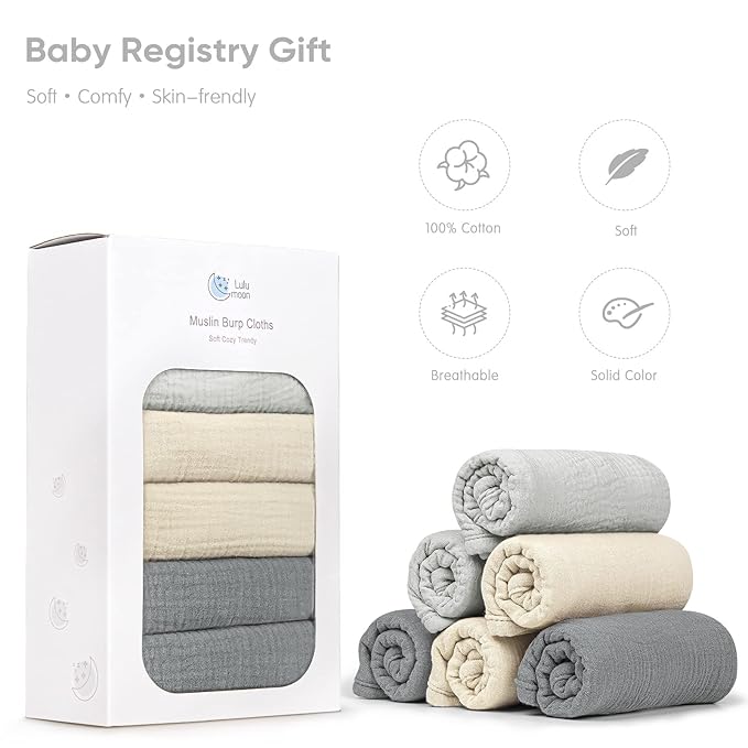lulumoon Muslin Burp Cloths for Babies: 100% Soft Cotton Large Burping Cloths - Neutral Baby Burp Rags for Boy and Girl - Absorbent Burp Cloth for Spit-Ups 6 Pack