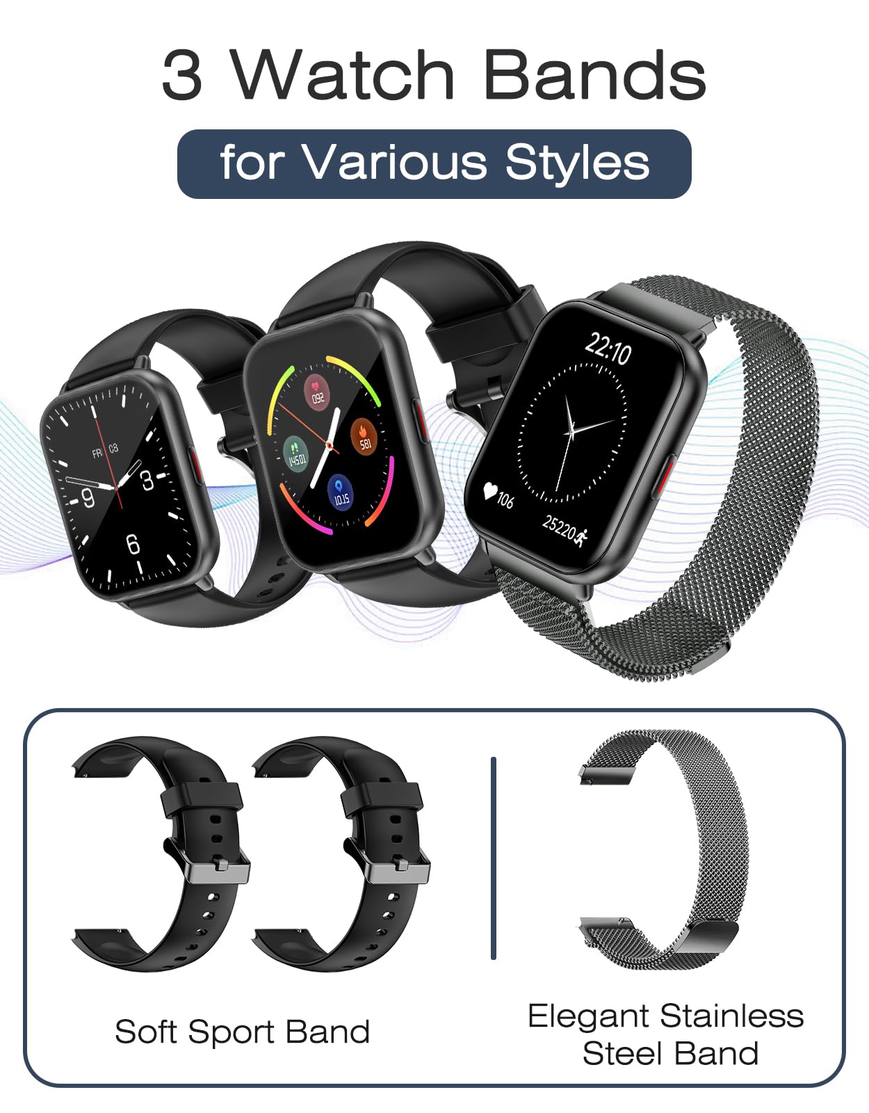 Smart Watches For Women Men (Answer/Make Calls, 3 Bands), 1.85 Fitness Tracker Watch For Iphone/Android Phones With Heart Rate M