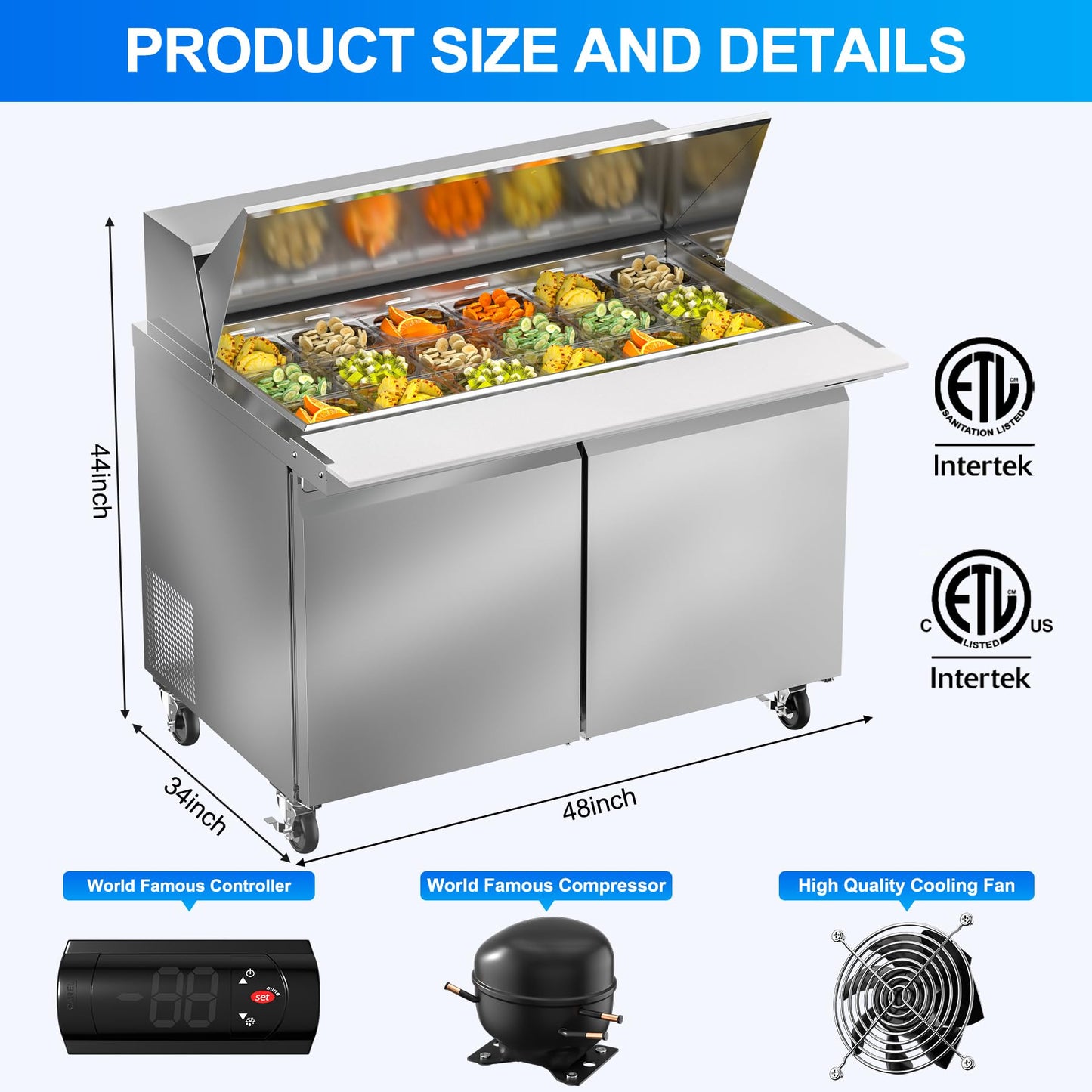 Rockitch 48" W Commercial Refrigerator Sandwich Salad Prep Table, 13.8 Cu.ft 2 Door Commercial Stainless Steel Mega Top Food Prep Fridge with 18 Pans, Salad Prep Station for Restaurant, Bar, Shop