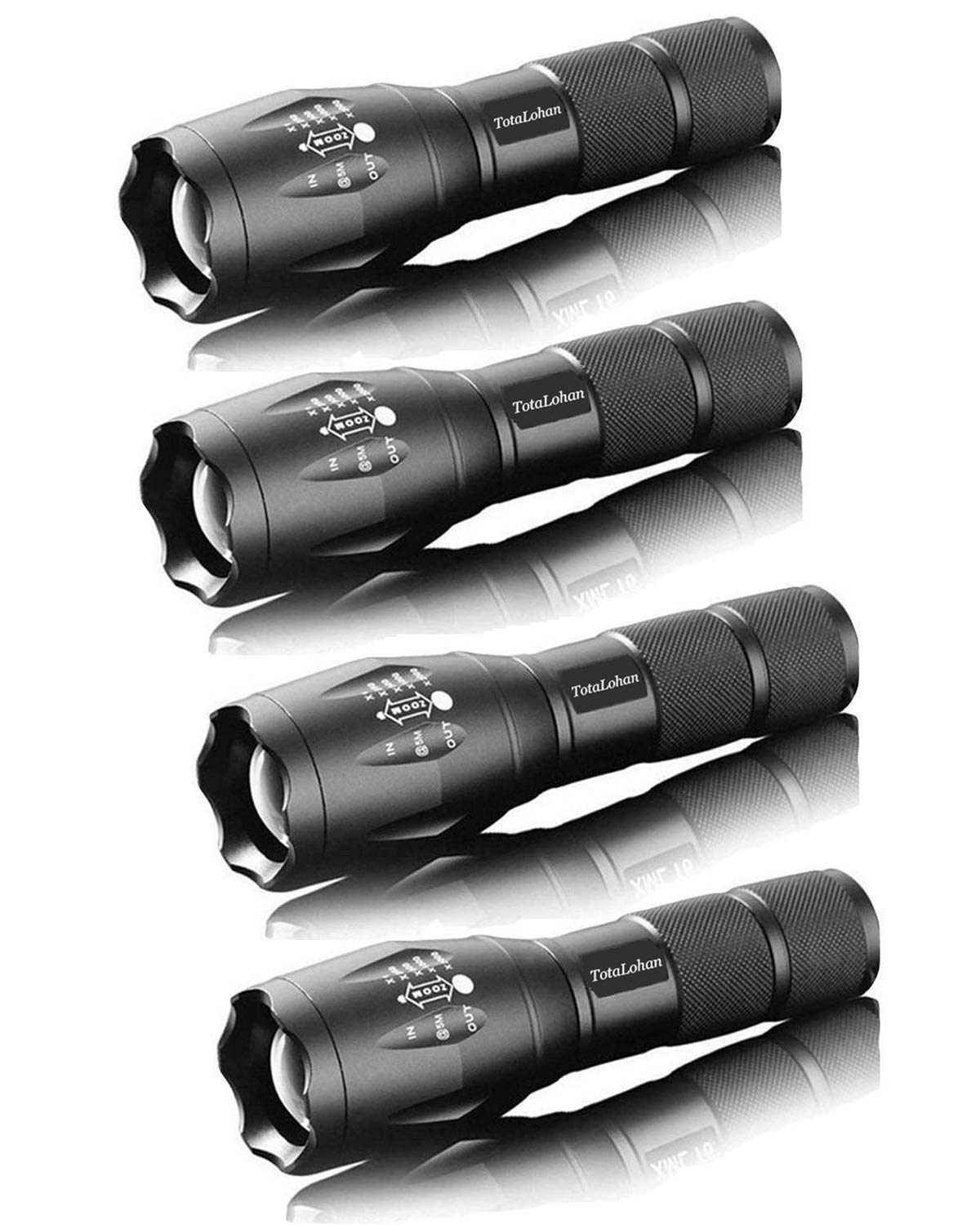 TotaLohan Military Grade 2000 Lumen LED Tactical Flashlight Torch, 5 Modes, Black, Model TOTALOHAN-MPN-2024-PX, 4 Pack