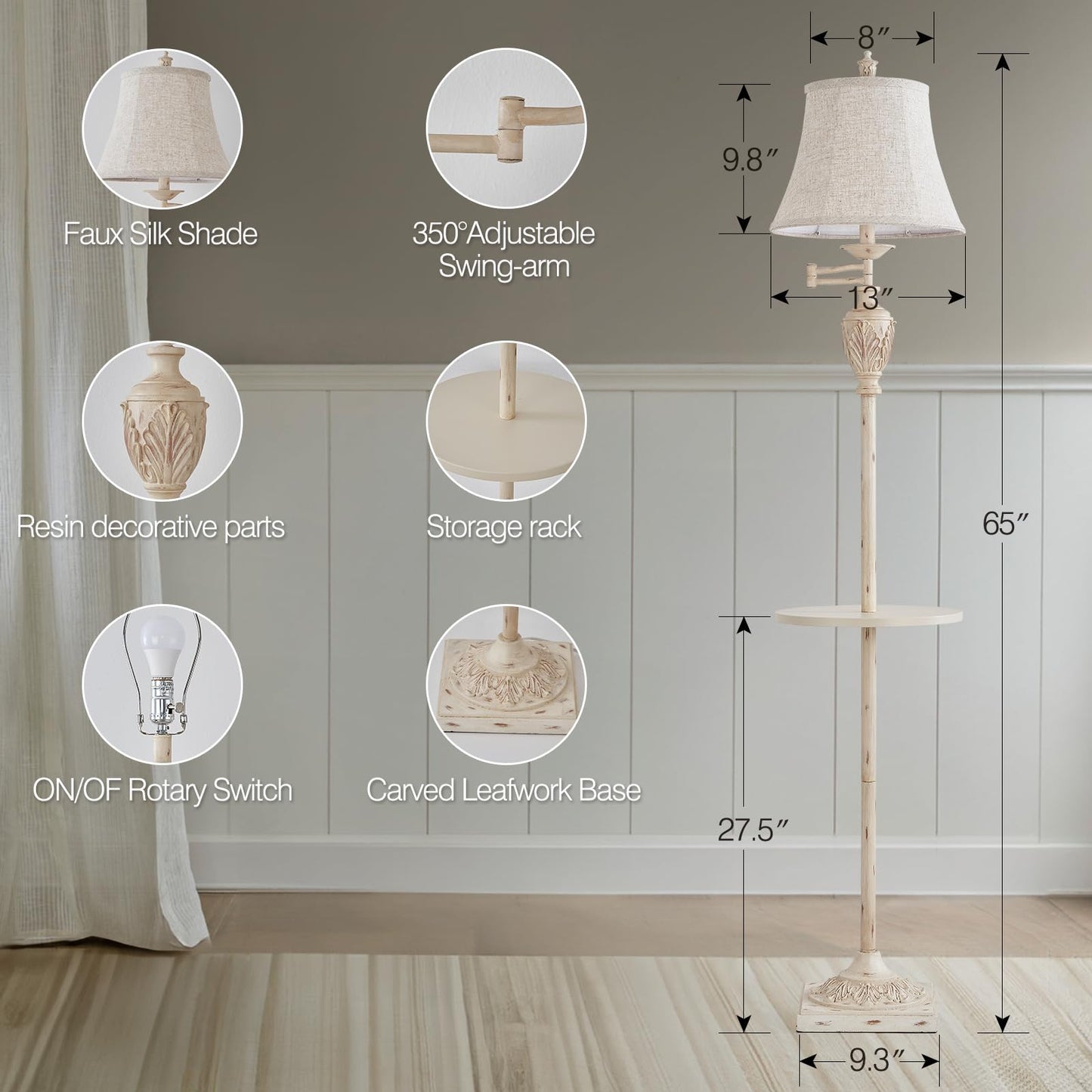 AIDENOEY Traditional LED Floor Lamp, Adjustable Swing Arm, Antique Black, Faux Silk Shade, Model HYFLOOR009, Size L
