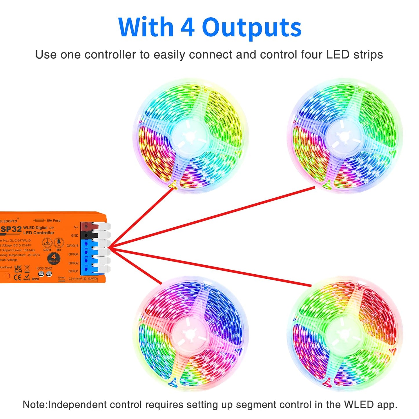 Esp32 Wled Led Strip Light Controller 4 Channel Output 15A Fuse Link Level Shifter Uart Download Diy Dynamic Lighting Mode App Voice Control For Digital Ws2811 Ws2812 Ws2815 Sk6812 Rgb Ic String