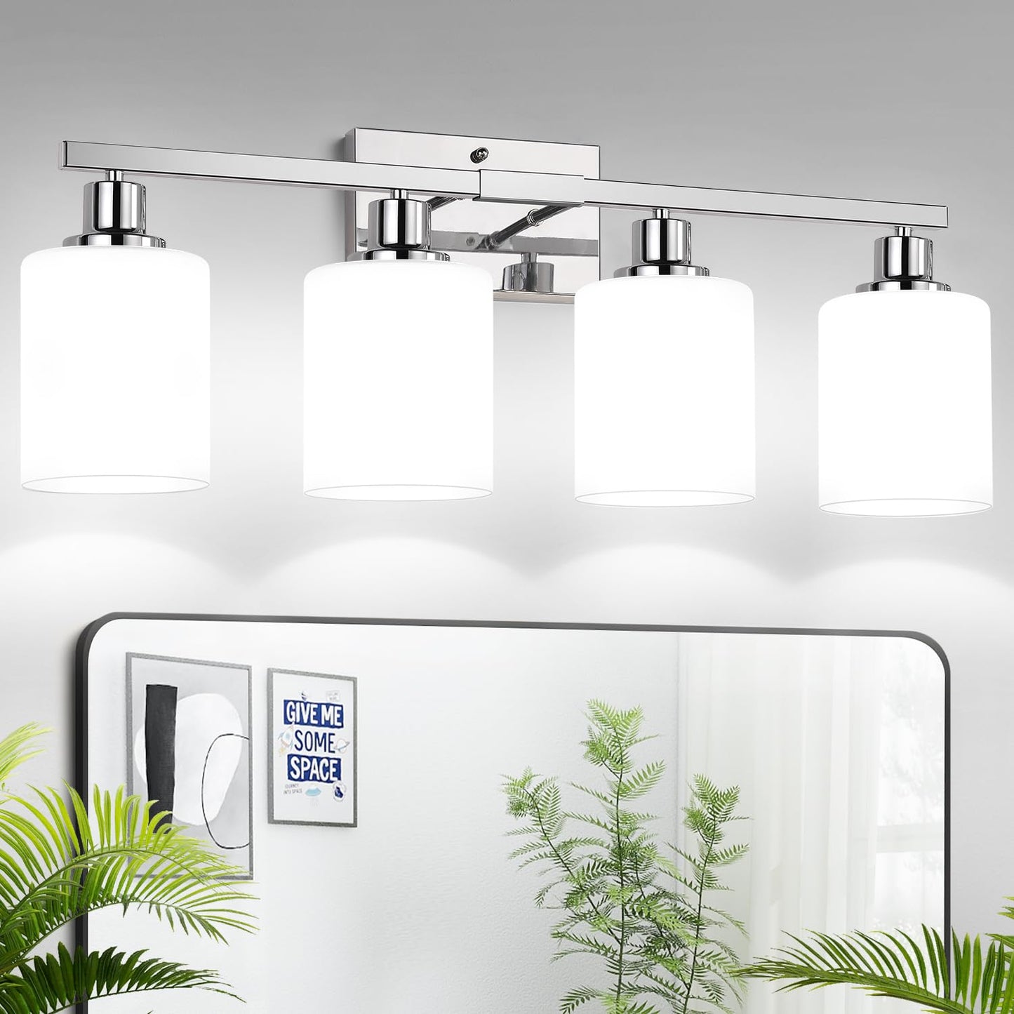 4-Light Vanity Light With Milky White Shades  Chrome Bathroom Lighting Fixtures Over Mirror  Modern Bathroom Wall Lamp For Mirror Living Room Cabinet Bedroom