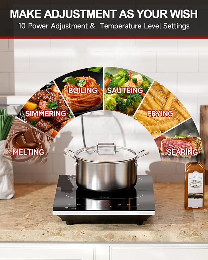Portable Induction Cooktop, Hot Plate Countertop Burner with 8 Temp Levels, Timer, Auto-Shut-Off, Touch Panel, LED Display, Auto Pot Detection, Child Safety Lock