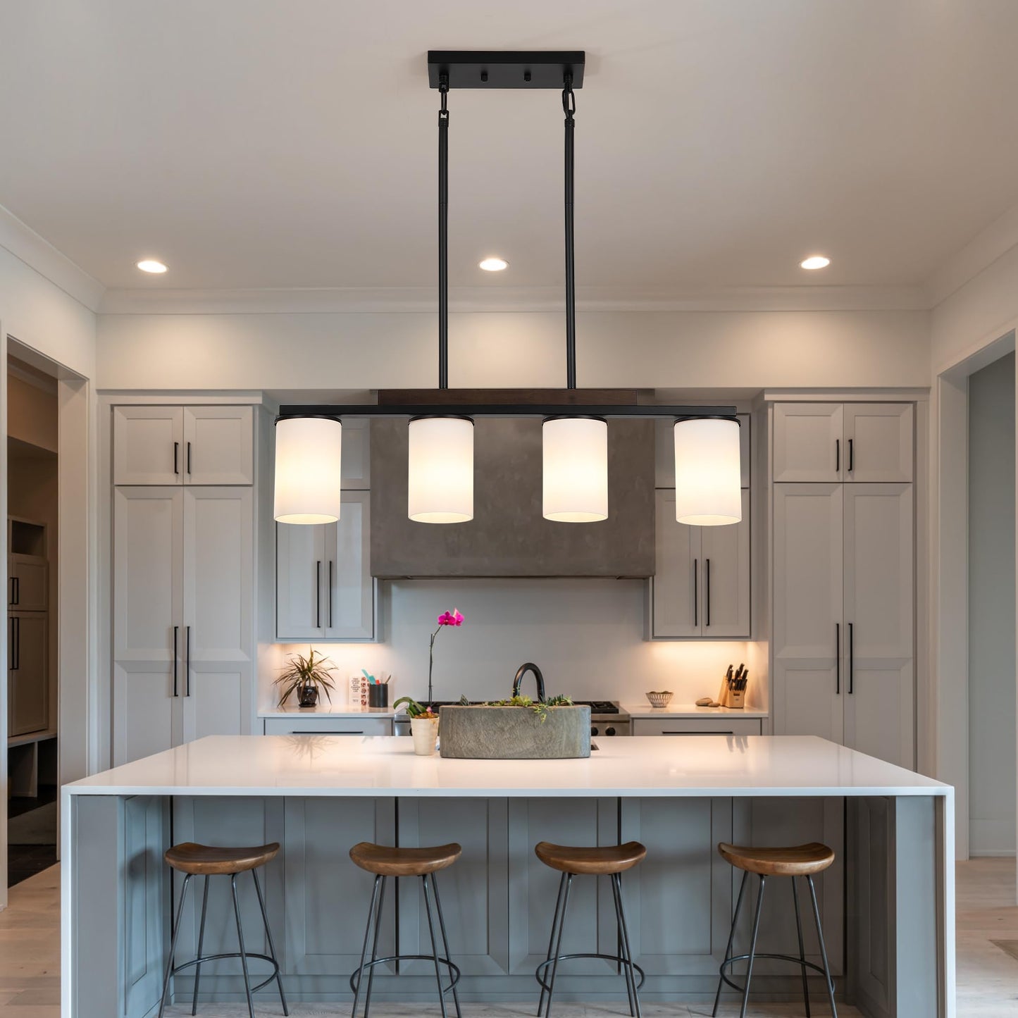 Mecgirn Farmhouse Dining Room Light Fixtures Over Table  Black Pendant Lights For Kitchen Island With Milk Glass Shade  4 Light Linear Chandelier Lighting With Wood