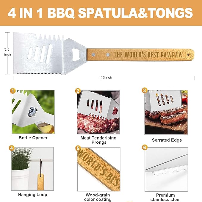 Paw Paw Gifts, Christmas Pawpaw Gifts from Grandkids Heavy Duty Wooden BBQ Grilling Accessories Kit for Backyard, Thick Stainless Steel Grill Utensils with Non-Slip Handle Tools in Portable Bag