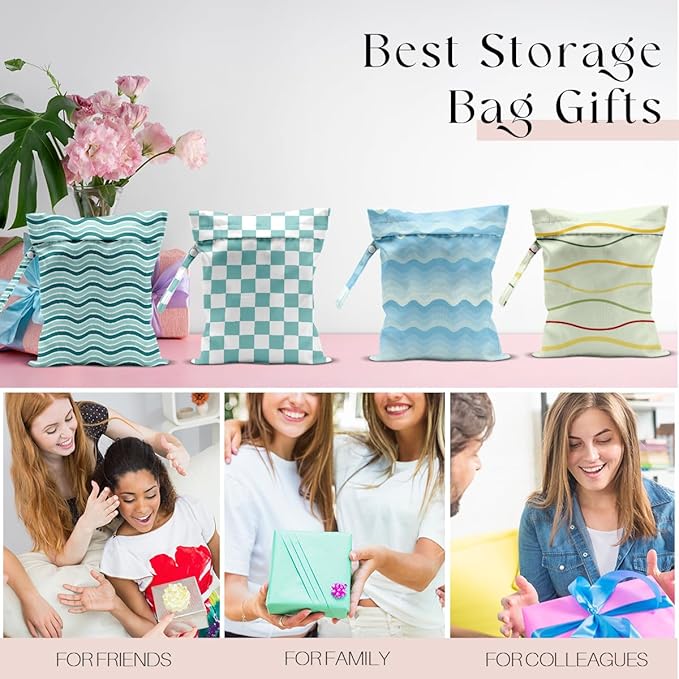 4 Pack Wet Bag for Swimsuit, Beach Travel Essentials Wet Dry Bag, for Sunscreen Toiletry Dirty Clothes Yoga Gym Diaper, Friend Summer Beach Vacation Gifts. Wave, grid