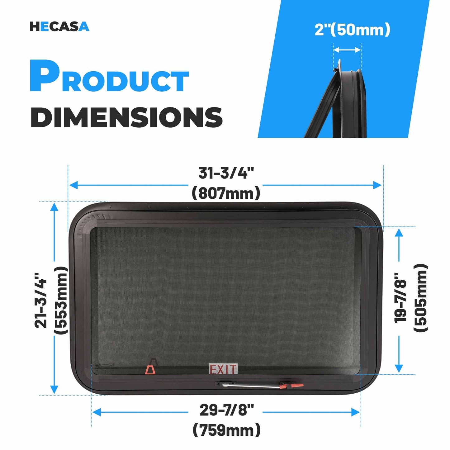 HECASA RV Emergency Exit Window with Trim Ring & Screen, 30in x 20in, Aluminium Tempered Glass, Model MO-5419, 1PC