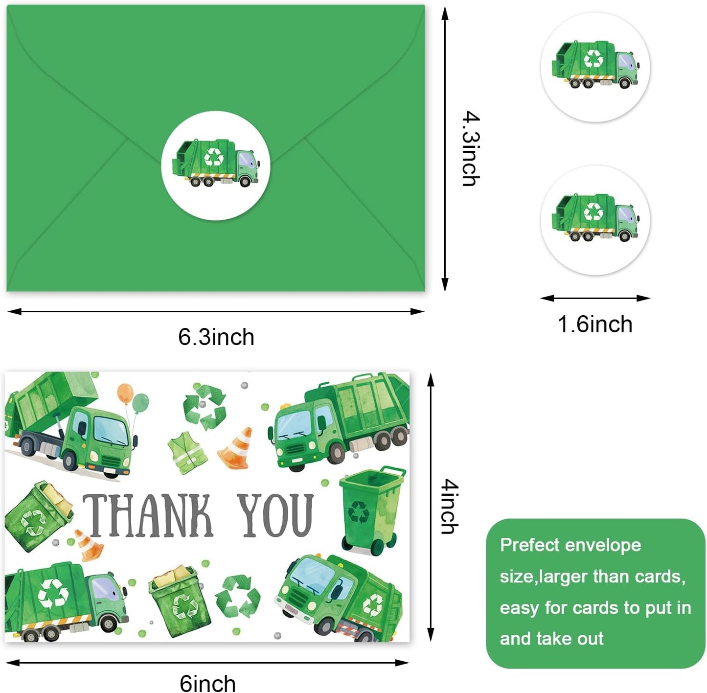 Whaline 24Pcs Garbage Truck Thank You Cards Green Trash Truck Note Cards with Envelopes Stickers Blank Greeting Card for Birthday Baby Shower, 4 x 6 Inch