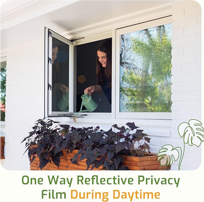 LUTE One Way Window Privacy Film, Window Tint for Home, Sun Blocking UV Heat Blocker, See Out Not in Reflective Mirror Film, Removable Static Cling Glass Door Cover, Black Silver, 23.6" x 157.4"