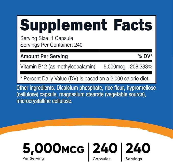 Nutricost Vitamin B12 (Methylcobalamin) 5000mcg, 240 Capsules - Vegetarian Caps, Non-GMO, Gluten Free B12 Supplement