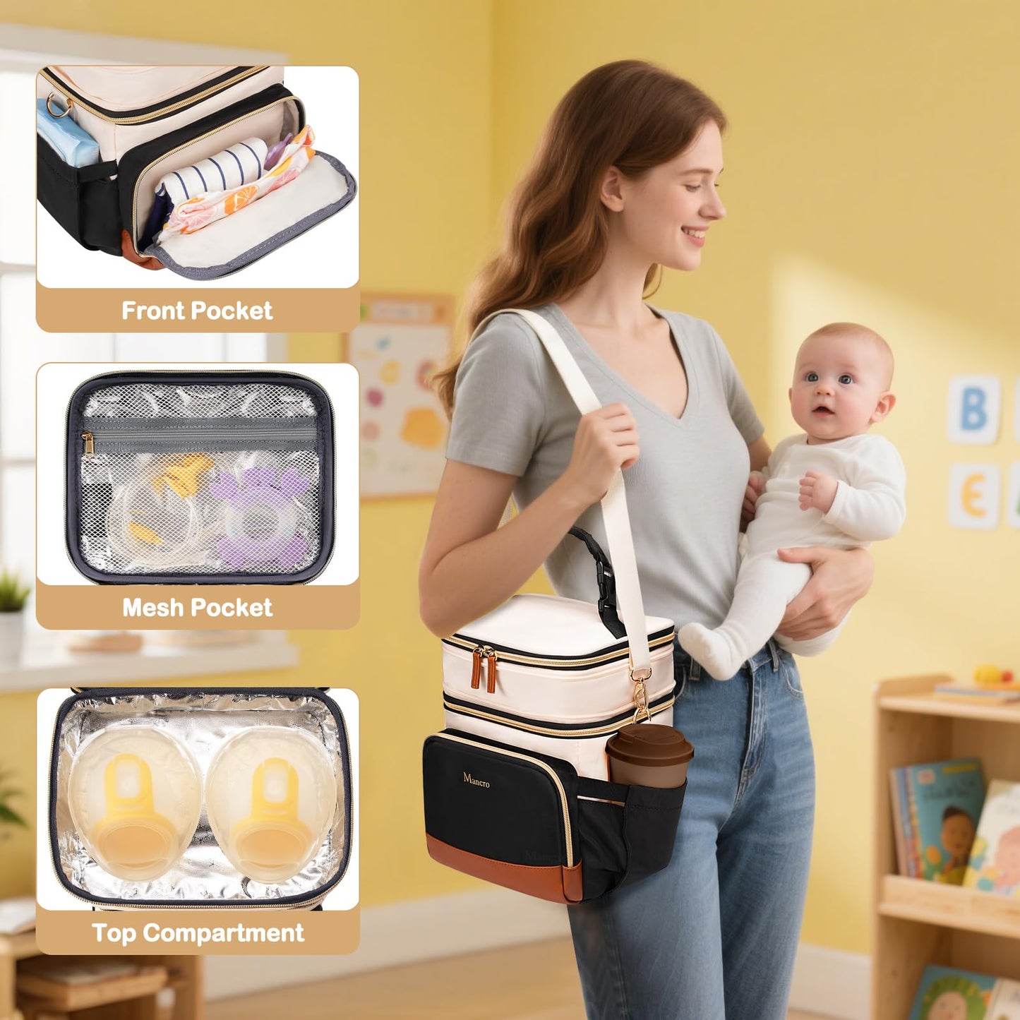 Mancro Expandable Breast Milk Cooler Travel Bag with Ice Pack, Double Layer Baby Bottle Bag Fits 6 Bottles Up to 9 Ounce, Breastmilk Cooler Bag with Shoulder Strap for Nursing Moms & Daycare