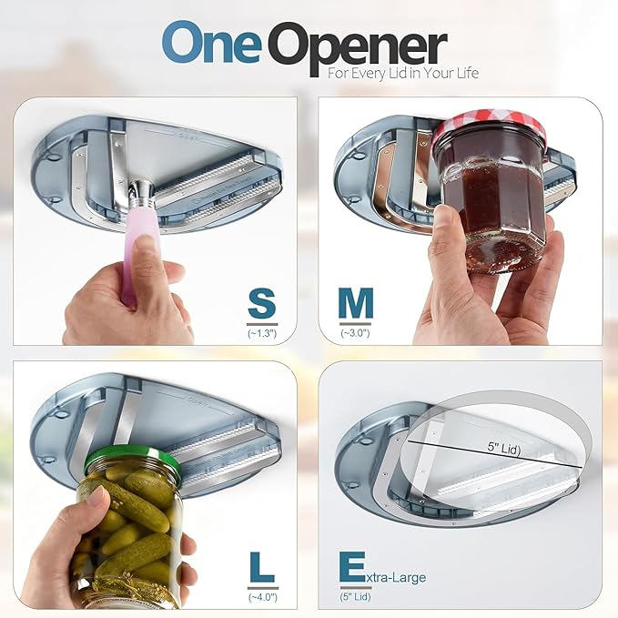 Mount-on Cabinet Jar Opener for Weak Hands,Seniors with Arthritis,Double U Shaped Grooves Grip Bottle Opener for Any Size Lid,304 Stainless Steel One-Handed Can Opener Tool for Home Assistance,Blue