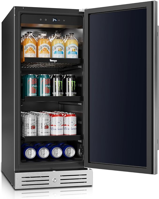 Yeego 15 inch Beverage Refrigerator,100 Cans Beverage Fridge with Lock & Auto Defrost, Stainless Steel Indoor/Outdoor Refrigerator Freestanding or Under Counter Beverage Cooler for Soda, Beer, Wine