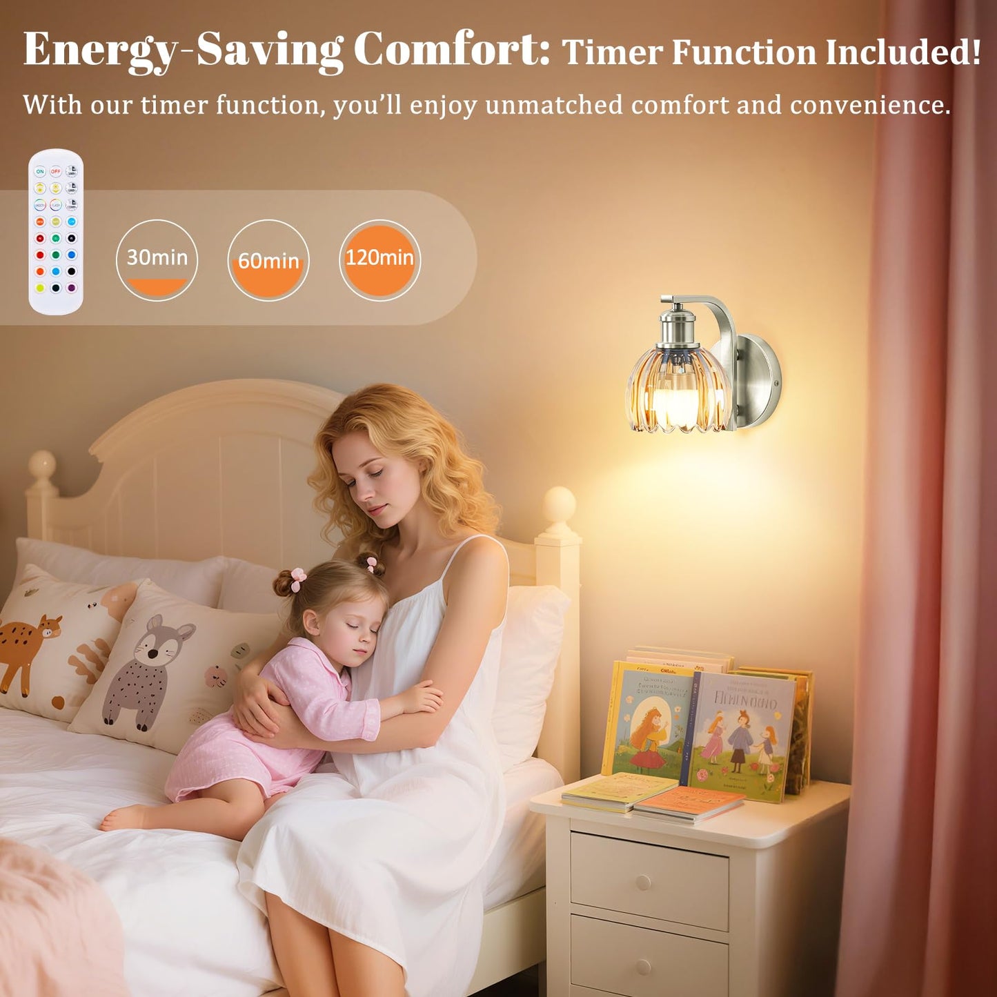 VerRon Rechargeable Wall Sconce - Amber Glass, Wireless, Remote Control, 15 Colors, Metal, 1-Pack, Model B05092P
