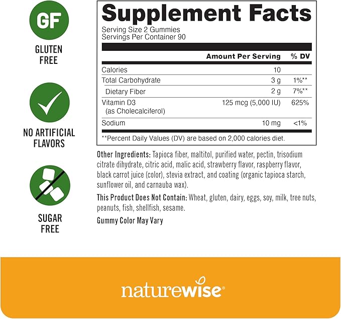 NatureWise Vitamin D3 5000 IU Gummies - Sugar-Free Mixed Berry Flavor - Vitamin D Gummies for Adults, Supports Immunity, Muscle & Bone Strength - Gelatin-Free, Non-GMO - 180 Gummies[3-Month Supply]