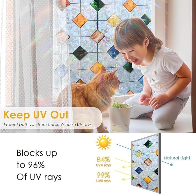 DKTIE Colorful Gem Lattice Pattern Decorative Window Privacy Film Rainbow Stained Glass Window Film Classroom Decor Renter Friendly Decor (S533, 35.4in X 118.1in)