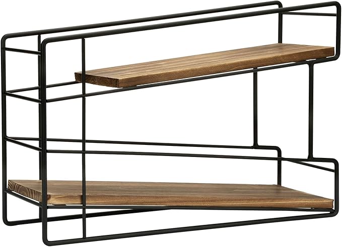 MyGift 2 Tier Rustic Solid Burnt Wood Front Loading Can Dispenser Rack with Black Metal Wire Frame for Canned Food, Soda Pop, Pantry Storage Organizer Rack