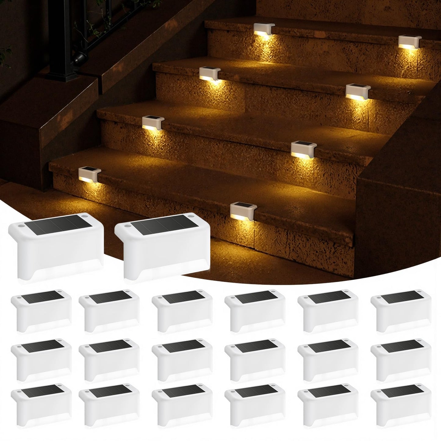 APONUO Solar Deck Lights, 20 Pcs LED Waterproof Fence Lamp, Warm White, Model 18343BDR-W-20PK, Ideal for Patio, Garden, and Steps