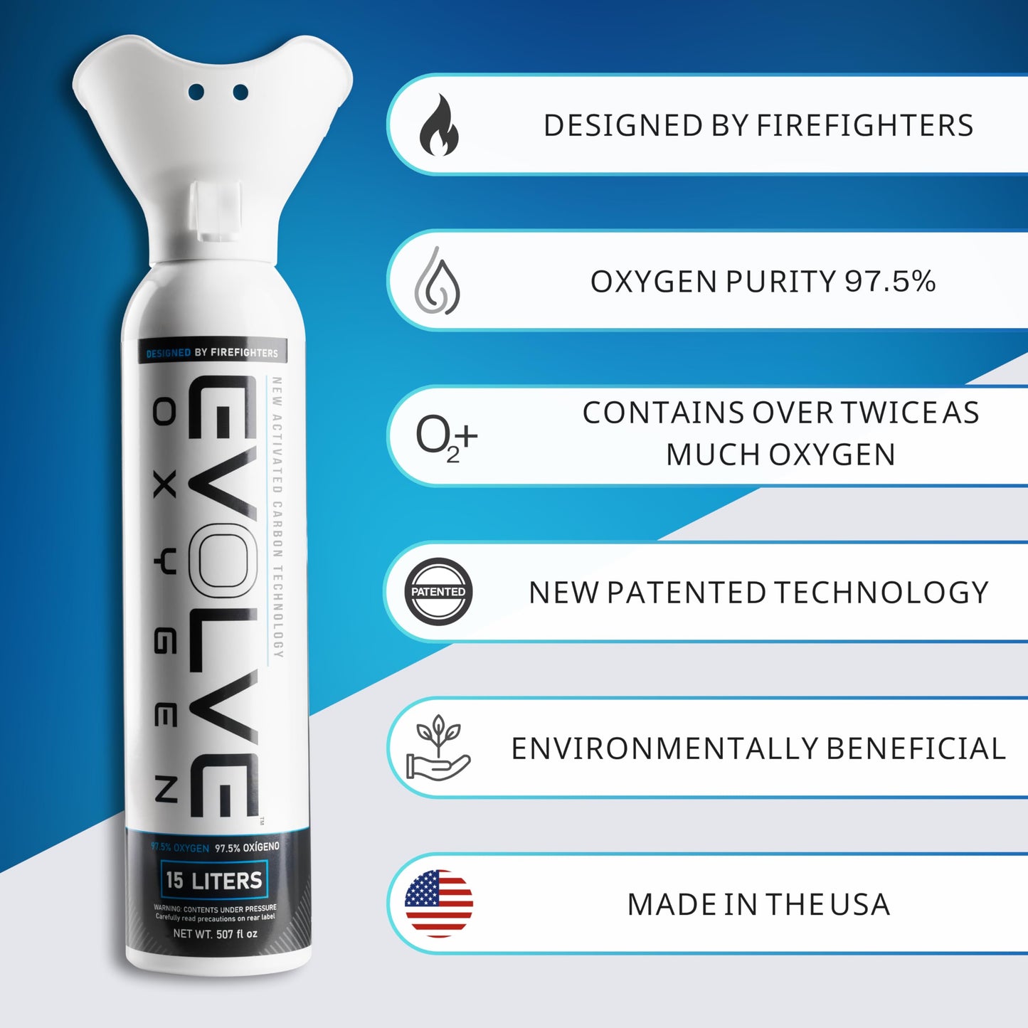 EVOLVE 15-Liter Pure Oxygen Canister with Breathing Cup | Portable Oxygen Can | Ideal for Home Use and Outdoor Activities | Designed by Firefighters | Made in The USA | Pack of 1