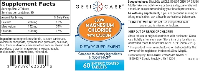 Gericare Slow Magnesium Chloride | Calcium Tablets by Geri-Care | Nutritional Supplement | 60 Count Bottle (Pack of 2)
