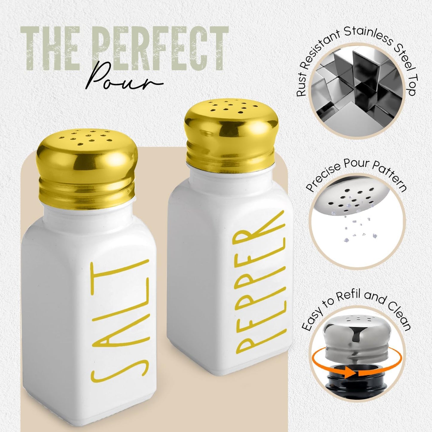 Luxury Gold Salt and Pepper Shakers Set by Brighter Barns - Glass Shakers & Stainless Steel Lid - Modern Decor for Home, Restaurant, Hotel, Wedding, Gifts - Luxury Kitchen Accessories (Gold)