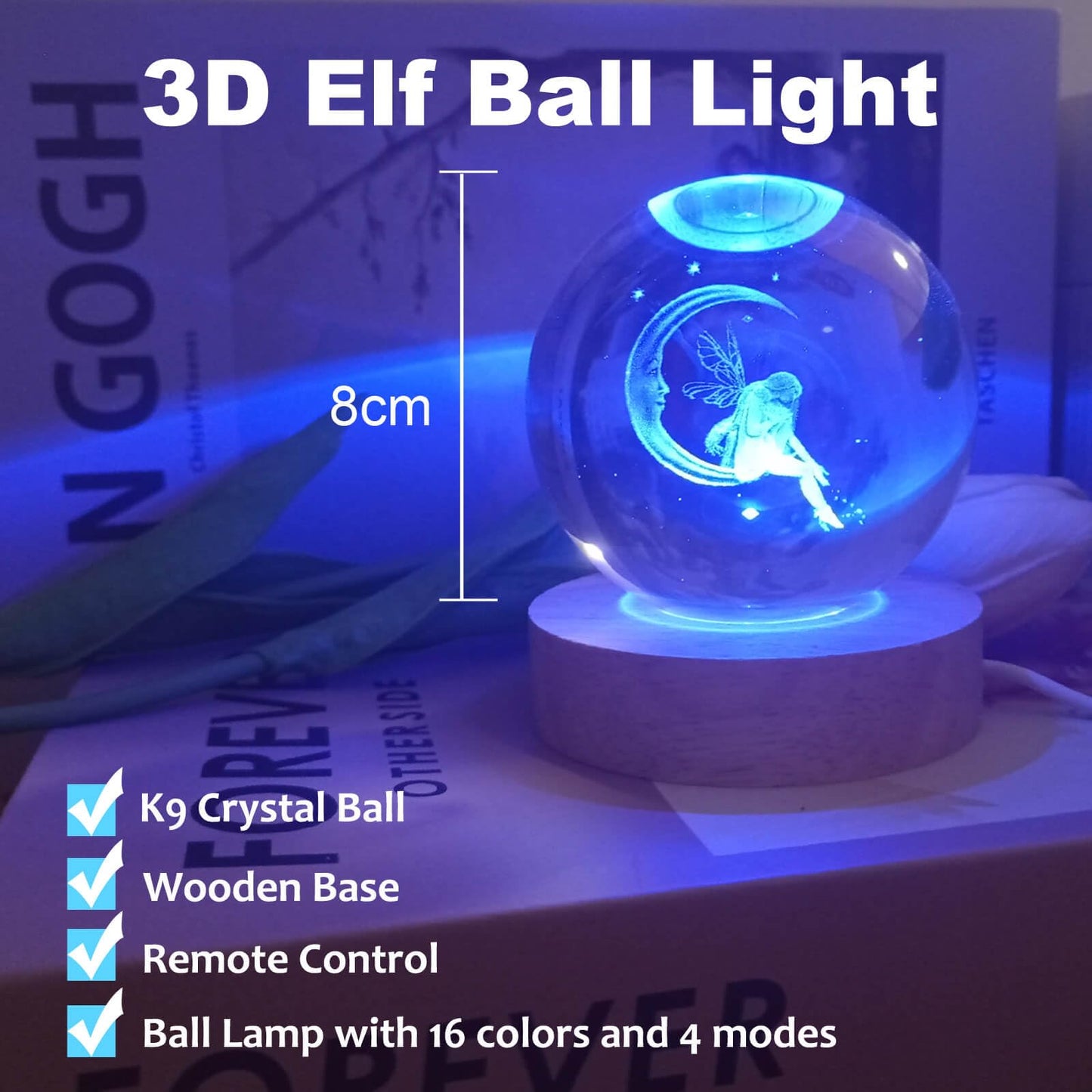 LINSINA 3D Moon Lamp, 3.15in Crystal Ball Night Light, 16 Colors with Wooden Base & Remote Control, Moon-elf Variant