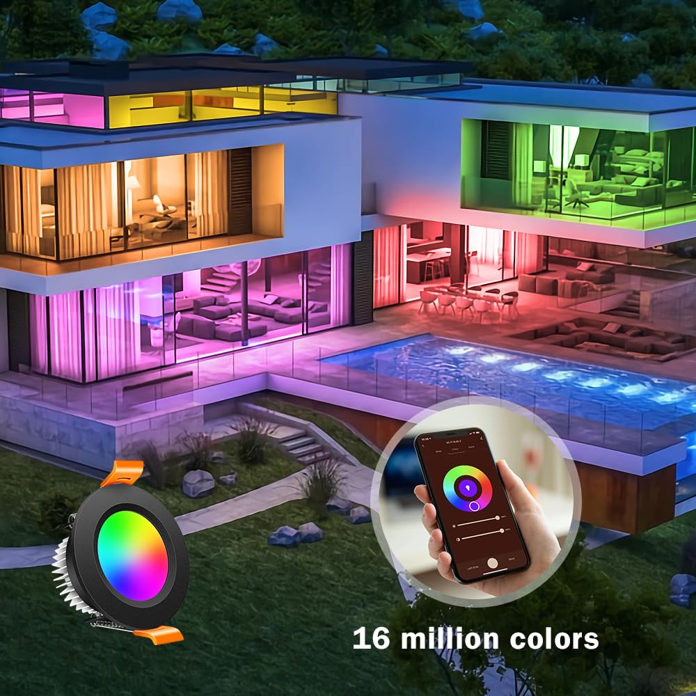 Inshareplus 2 Inch Smart Recessed Lighting  6 Pack Wifi Black Led Downlight 5W 120V  Dimmable Rgbcw 2700-6500K Color Changing  Compatible With Alexa/Google  Ceiling Lights With Led Driver