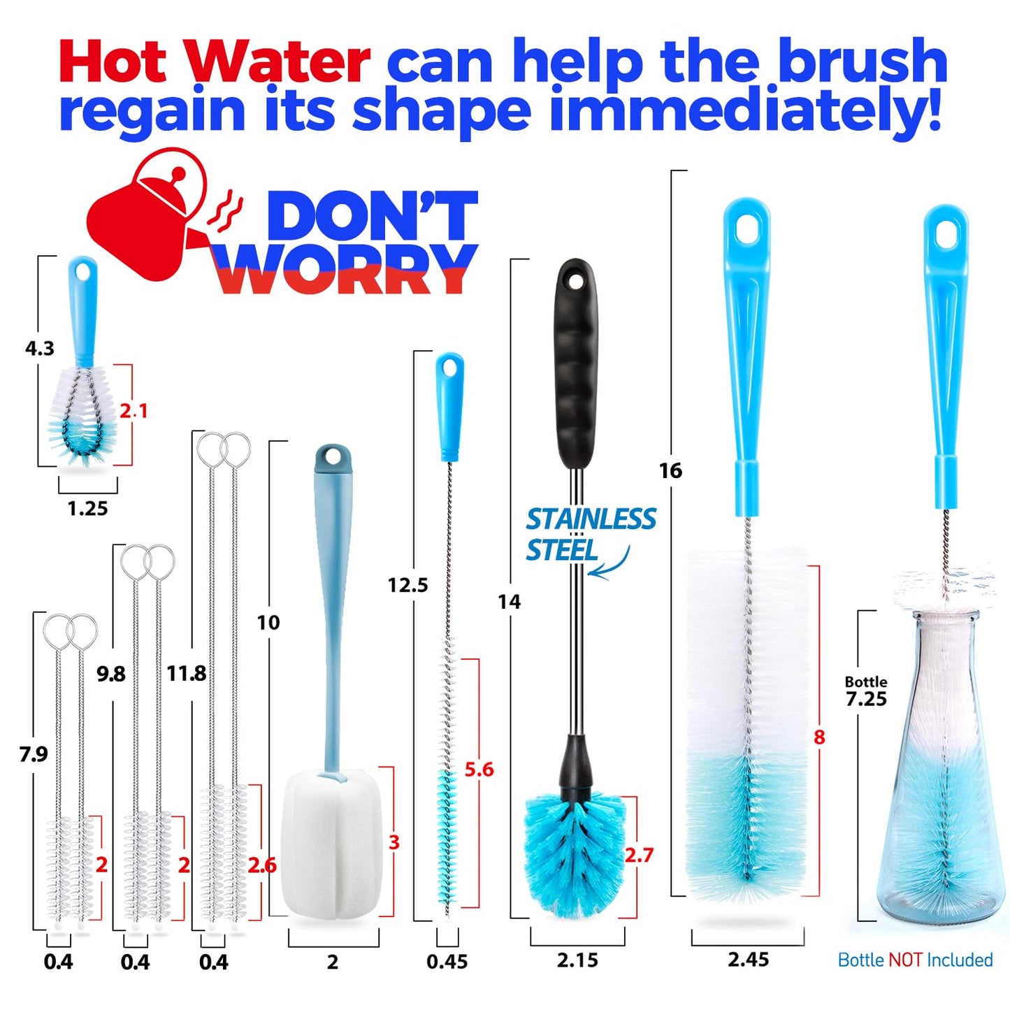 Holikme Bottle Brush Tube Cleaning Lab Set with Long Handle, Cup Cleaner for Washing Narrow Neck Beer Wine Decanter Pipes Lids Sinks Cap Covers, Azul
