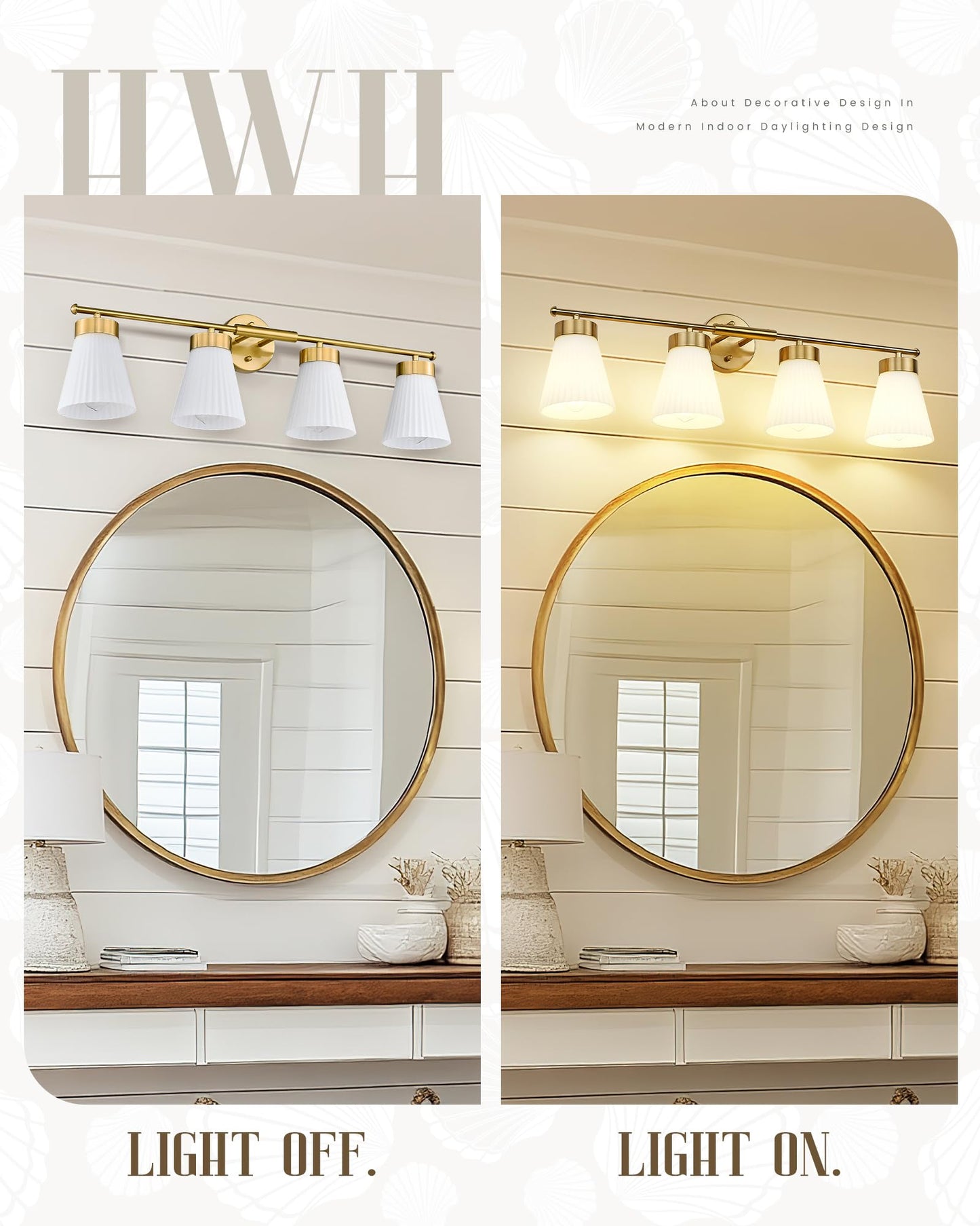 Bathroom Light Fixtures Brushed Gold  Hwh 4 Light Vanity Lights Over Mirror  Modern Wall Lamp Bathroom Lighting With Frosted White Striped Glass  5Hzg97B-4W Bg