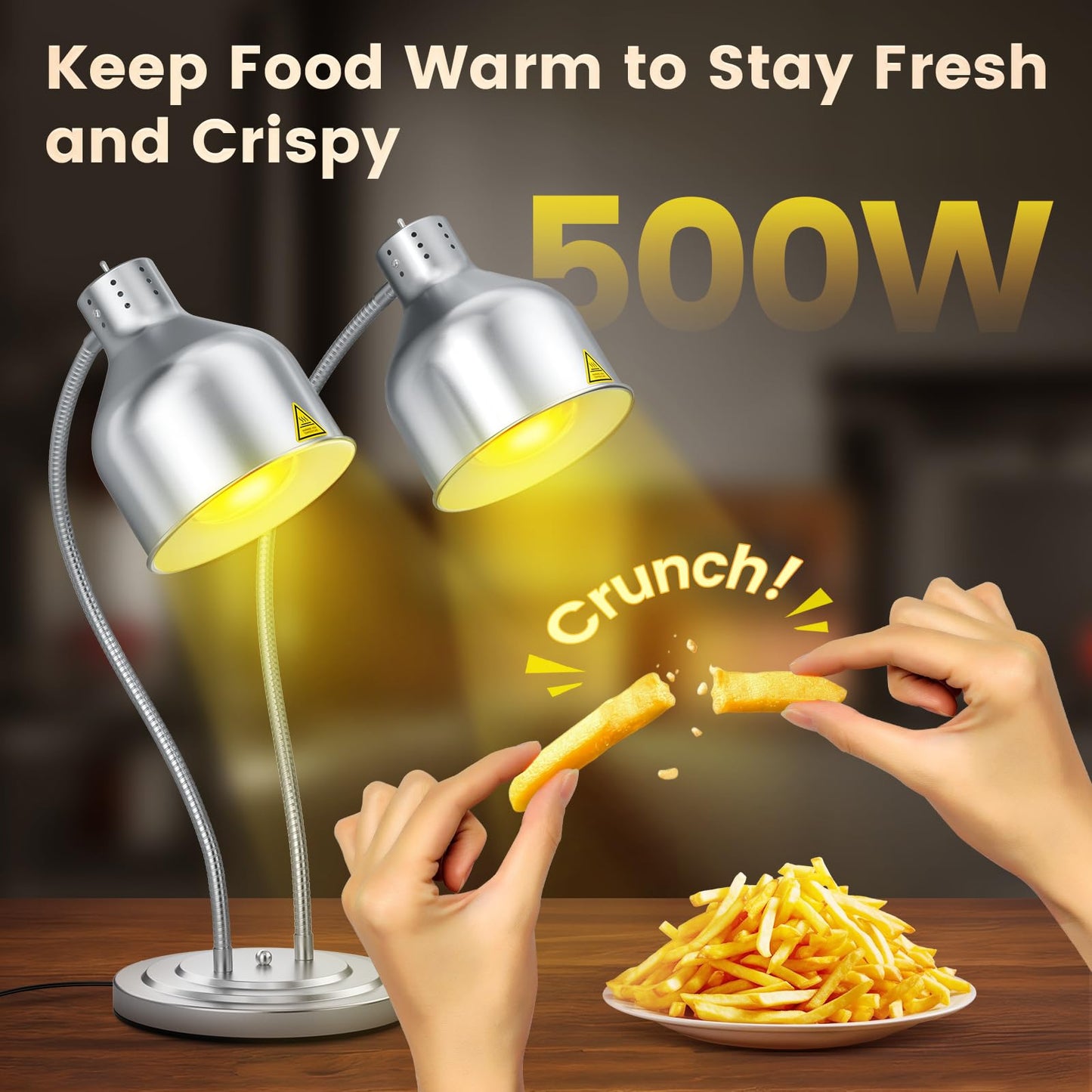 BOEASTER Food Heat Lamp, 500W Dual-Head Stainless Steel Commercial Food Warmer Lamp with 540° Rotation & 3Pcs Bulbs, Portable Warming Light for Restaurant Kitchen Buffet Counter Party Catering