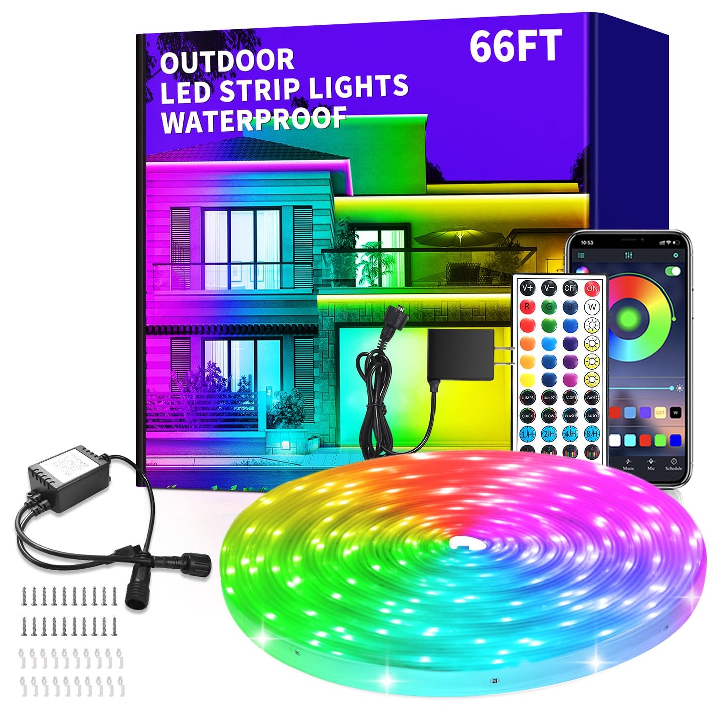 vimeepro LED Strip Lights 66ft Waterproof RGB Color Changing with App/Remote Control, Music Sync, Model vimeepro-ledFS66FT04