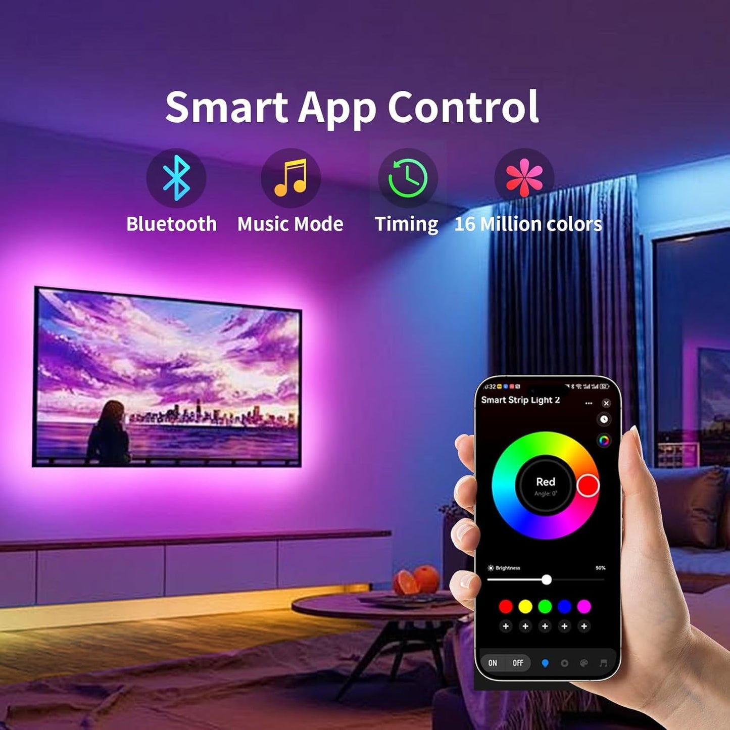 KSIPZE LED TV Backlight Strip, 16.5ft RGB, Bluetooth & Button Control, USB Powered, for 45-75 Inch TVs, Multicolor, Model ST5205