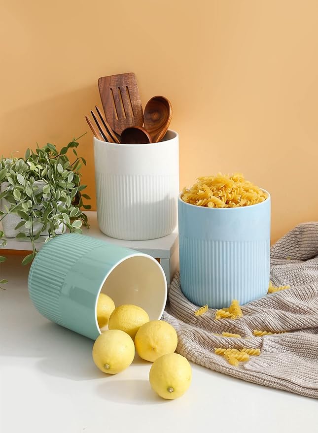 Onniyor Ceramic Kitchen Utensil Holder, 7" Large Stable Utensil Crock, Cooking Utensil Organizer for Counter, Kitchen Decor, spoon holder for countertop, Dishwasher Safe, White