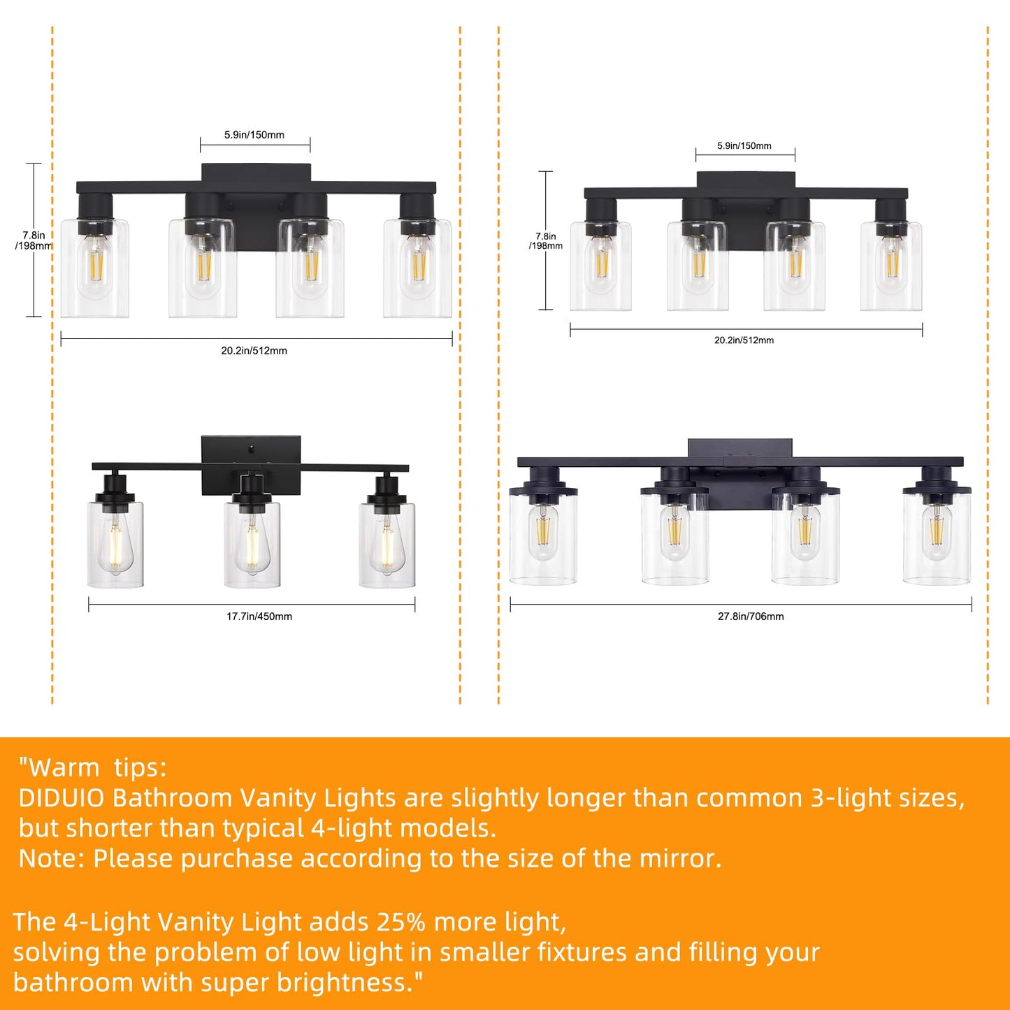 Diduio Black Vanity Lights For Bathroom 4 Light Bathroom Vanity Light Classic Bathroom Lighting Fixtures Over Mirror Farmhouse Vanity Lights With Clear Glass Shade