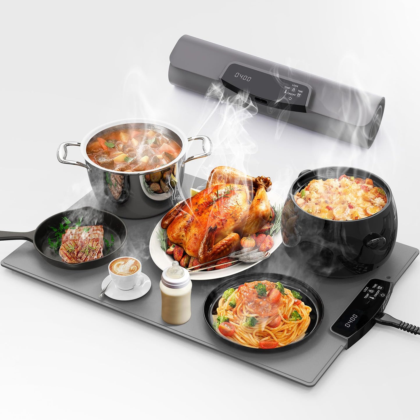 Food Warming Mat, FZF Electric Warming Tray with 9 Adjustable Temperature Level, Safety Child Lock and 2-12H Auto-Off Timer, Silicone Food Warming Mat for Countertop, Parties, Gatherings, Everyday Use