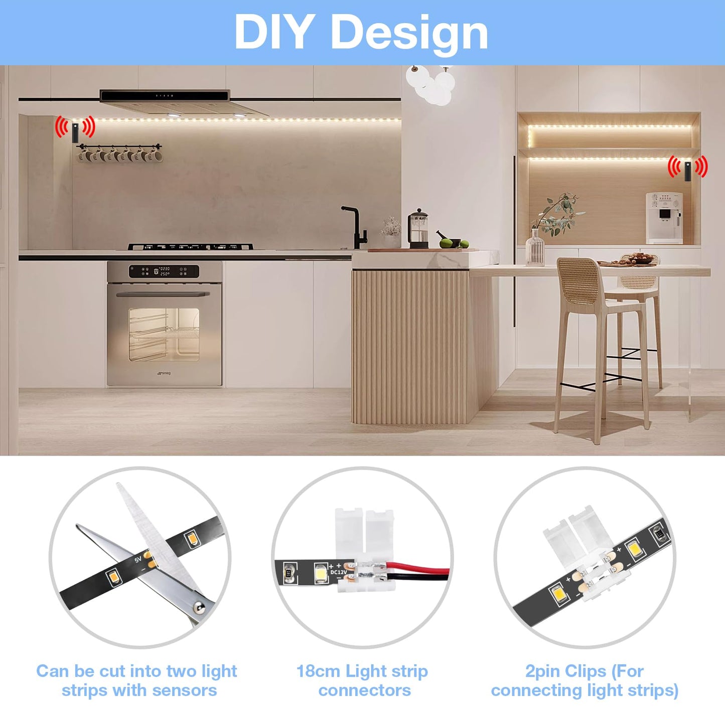 WOBANE LED Light Strip, 16.4ft Rechargeable Dual Motion Sensor, 150 LEDs, Black & White 6000K, Model CL13-6000, Flexible, Cuttable