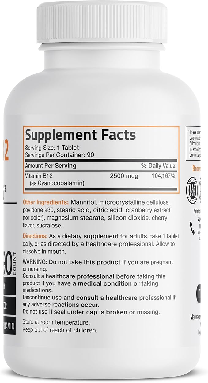 Vitamin B12 2500mcg Shot of Energy Fast Dissolve Chewable Tablets - Quick Release Cherry Flavored Sublingual B12 Vitamin - Supports Nervous System, Healthy Brain Function Energy Production – 90 Count