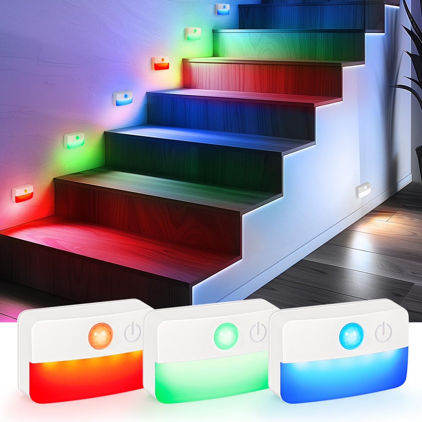 Guankai 3 Pack Motion Sensor Stair Lights For Indoor  Wireless Rgb Battery Operated Night Light  Led Stick On Hallway Closet Under Cabinet Step Portable Lamp For Bedroom Kitchen Bathroom
