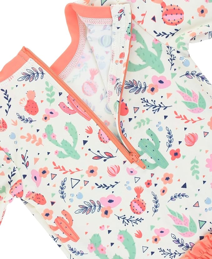 RuffleButts Baby Girls UPF 50+ Sun Protection Novelty Print Long Sleeve One Piece Rash Guard Swimsuit with Zipper