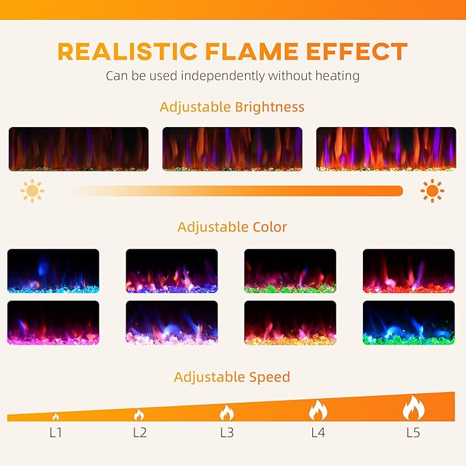 HOMCOM 50" Electric Fireplace Recessed and Wall Mounted with Remote, 750W/ 1500W Ultra-Thin Fireplace Heater and Linear Fireplace with Timer, 12 Color Flame Effect, Crystal, Black