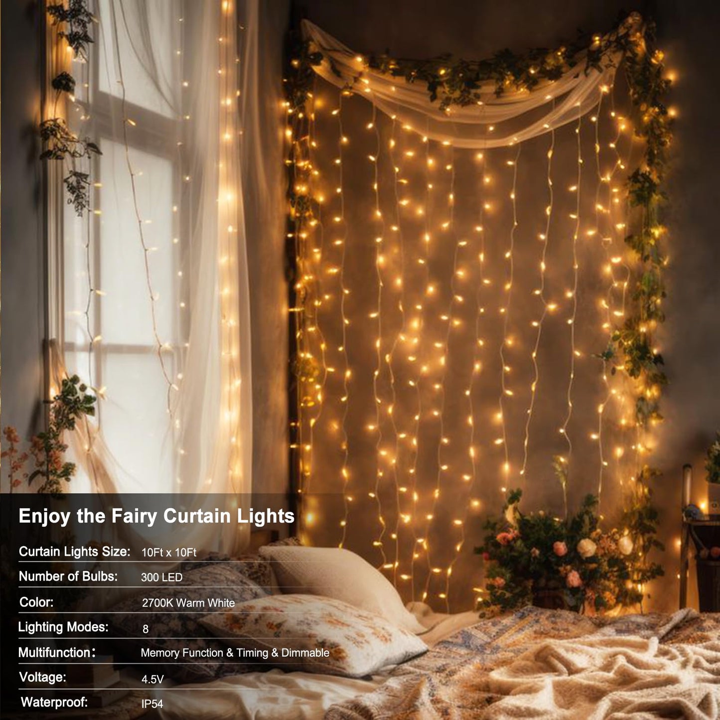 Echosari 300 Led Curtain Lights, 9.8Ft×9.8Ft, Battery Operated, Warm White, Remote Timer For Bedroom, Patio, Wedding Decor